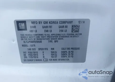 2015 Chevrolet Trax 1Ls из США, поврежденный, VIN KL7CJPSB8FB104540